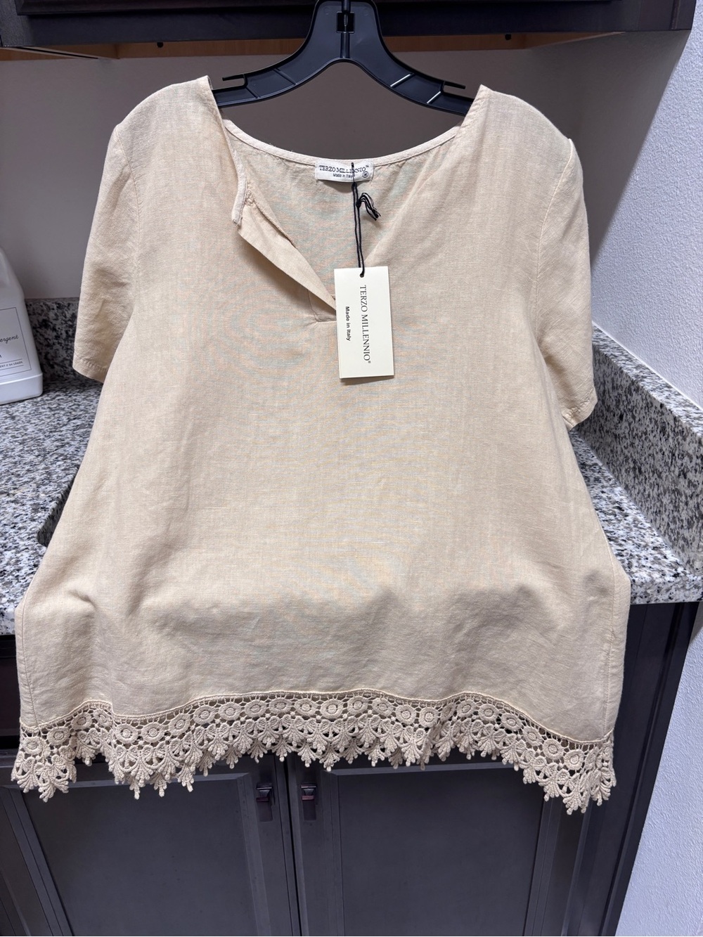 Tessoro Collection Beige Crochet-Hem Linen Tunic